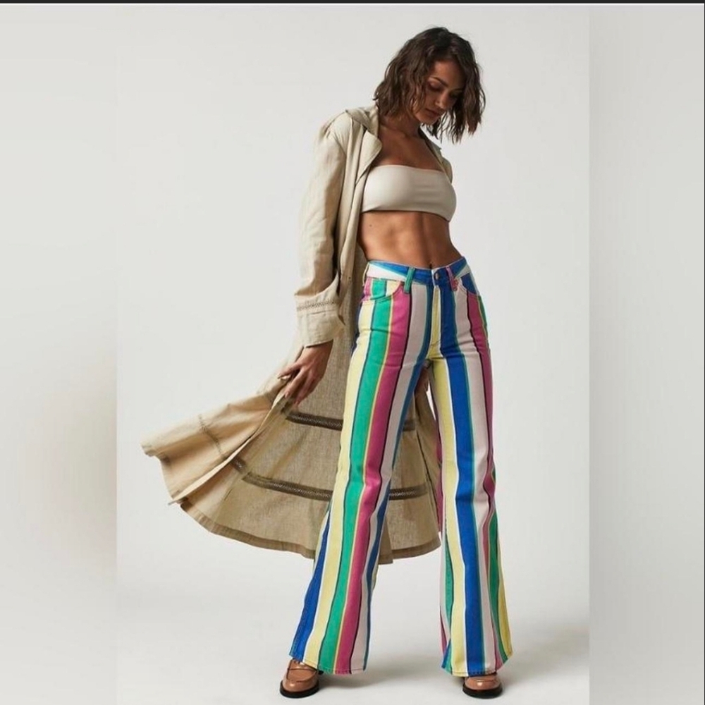 Wrangler Striped Wanderer High Rise Flare Jeans Colorful Pants Size 24/30 Retro - Picture 1 of 11